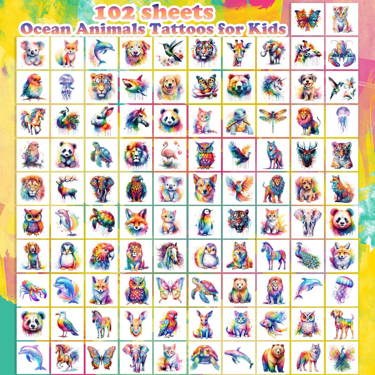 102 PCS Individually Wrapped Watercolor Animals Temporary Tattoos for Kids - Cute Animal Tattoo Stickers for Boys & Girls, Body Arm Shoulder, Birthday Party Supplies & Gifts - görsel 3