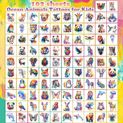 102 PCS Individually Wrapped Watercolor Animals Temporary Tattoos for Kids - Cute Animal Tattoo Stickers for Boys & Girls, Body Arm Shoulder, Birthday Party Supplies & Gifts