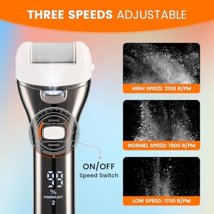 PRITECH Electric Foot Callus Remover - Rechargeable Portable Electronic Foot File Pedicure Kit with 3 Roller Heads, 3 Speeds, Battery Display for Cracked Heels & Calluses (White) Avelisse