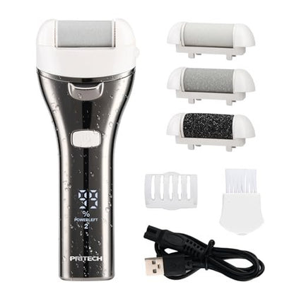 PRITECH Electric Foot Callus Remover - Rechargeable Portable Electronic Foot File Pedicure Kit with 3 Roller Heads, 3 Speeds, Battery Display for Cracked Heels & Calluses (White) Avelisse