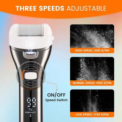 PRITECH Electric Foot Callus Remover - Rechargeable Portable Electronic Foot File Pedicure Kit with 3 Roller Heads, 3 Speeds, Battery Display for Cracked Heels & Calluses (White) Avelisse