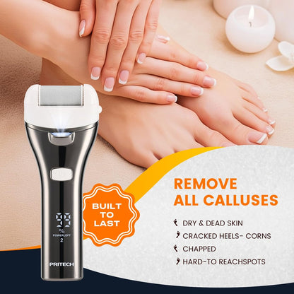 PRITECH Electric Foot Callus Remover - Rechargeable Portable Electronic Foot File Pedicure Kit with 3 Roller Heads, 3 Speeds, Battery Display for Cracked Heels & Calluses (White) Avelisse