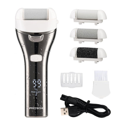 PRITECH Electric Foot Callus Remover - Rechargeable Portable Electronic Foot File Pedicure Kit with 3 Roller Heads, 3 Speeds, Battery Display for Cracked Heels & Calluses (White) Avelisse