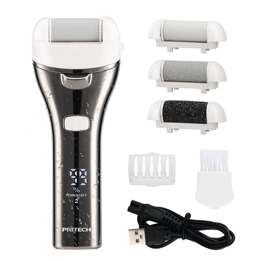 PRITECH Electric Foot Callus Remover - Rechargeable Portable Electronic Foot File Pedicure Kit with 3 Roller Heads, 3 Speeds, Battery Display for Cracked Heels & Calluses (White) Avelisse