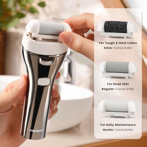 PRITECH Electric Foot Callus Remover - Rechargeable Portable Electronic Foot File Pedicure Kit with 3 Roller Heads, 3 Speeds, Battery Display for Cracked Heels & Calluses (White) Avelisse