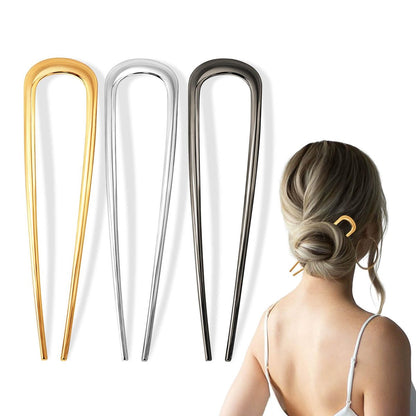 3PCS Metal French Hair Pin - 5 Inch Elegant U Shaped Hair Pins for Women, Secure Hold for Thick & Long Hair - Gold