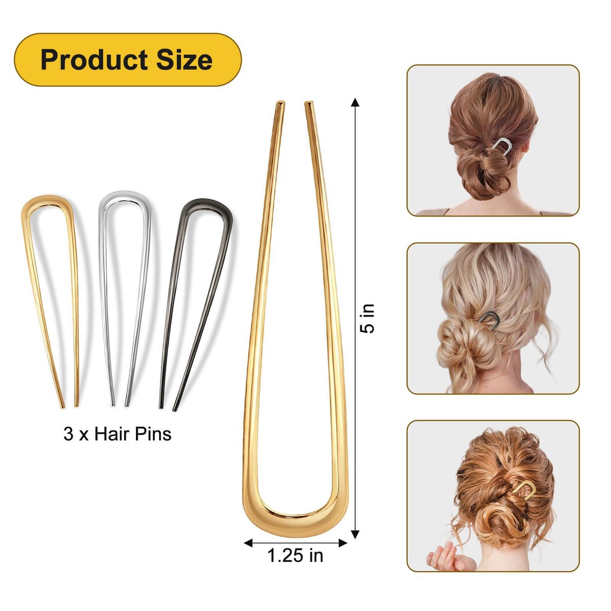 3PCS Metal French Hair Pin - 5 Inch Elegant U Shaped Hair Pins for Women, Secure Hold for Thick & Long Hair - Gold - görsel 3