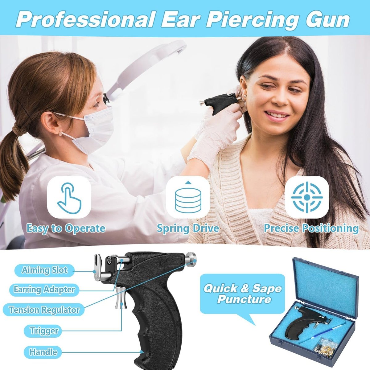 Professional Ear Piercing Gun Kit – Reusable Piercing Tool with Colorful Crystal Earrings for Earlobe, Cartilage, Helix, Tragus – At-Home Salon Piercing Set (Black) Avelisse