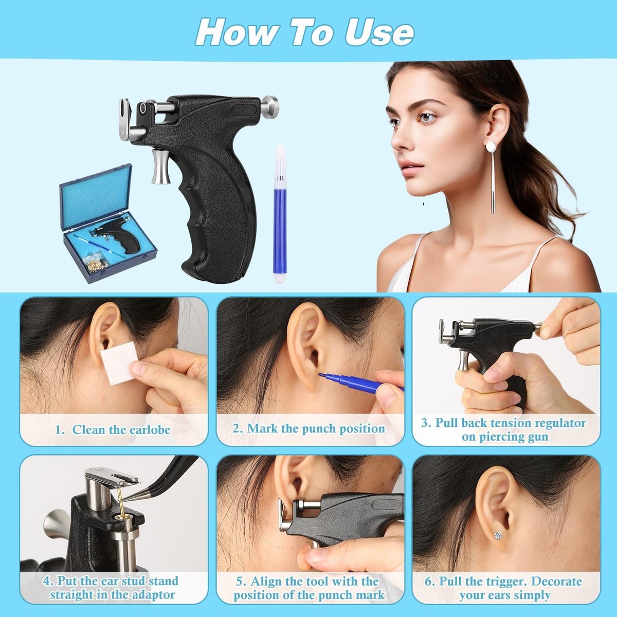 Professional Ear Piercing Gun Kit – Reusable Piercing Tool with Colorful Crystal Earrings for Earlobe, Cartilage, Helix, Tragus – At-Home Salon Piercing Set (Black) Avelisse