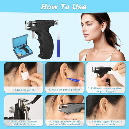 Professional Ear Piercing Gun Kit – Reusable Piercing Tool with Colorful Crystal Earrings for Earlobe, Cartilage, Helix, Tragus – At-Home Salon Piercing Set (Black) Avelisse