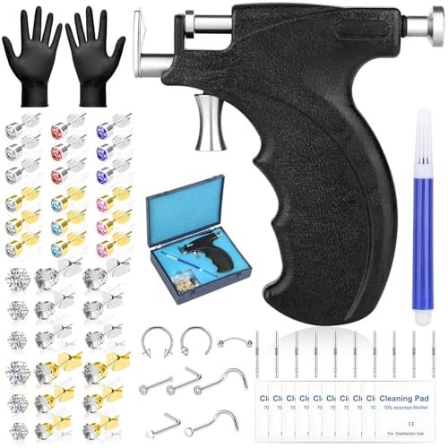 Professional Ear Piercing Gun Kit – Reusable Piercing Tool with Colorful Crystal Earrings for Earlobe, Cartilage, Helix, Tragus – At-Home Salon Piercing Set (Black) Avelisse