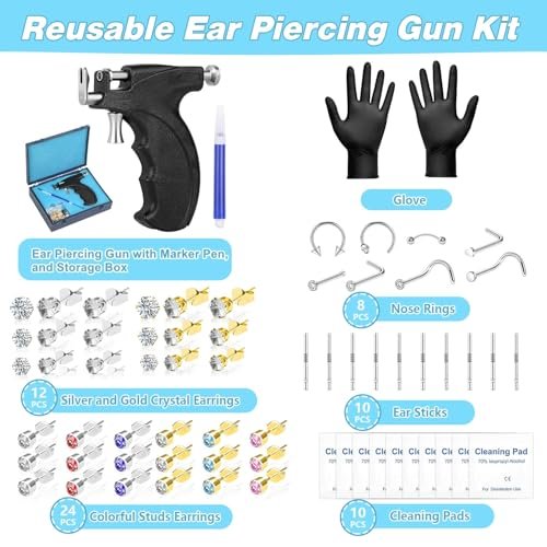 Professional Ear Piercing Gun Kit – Reusable Piercing Tool with Colorful Crystal Earrings for Earlobe, Cartilage, Helix, Tragus – At-Home Salon Piercing Set (Black) Avelisse