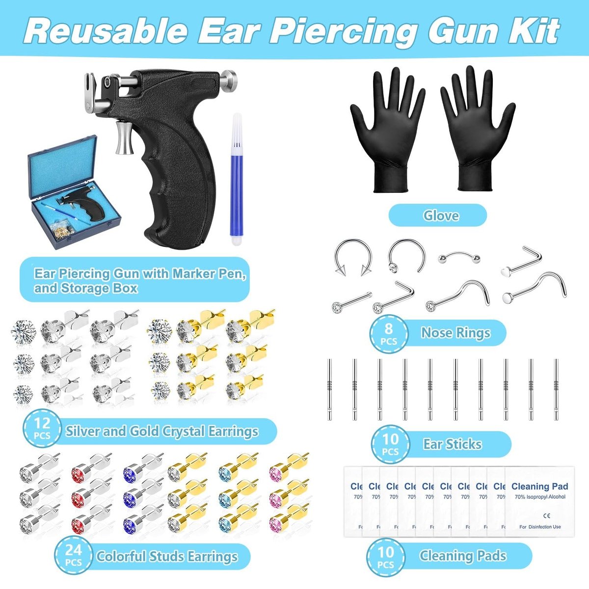 Professional Ear Piercing Gun Kit – Reusable Piercing Tool with Colorful Crystal Earrings for Earlobe, Cartilage, Helix, Tragus – At-Home Salon Piercing Set (Black) Avelisse