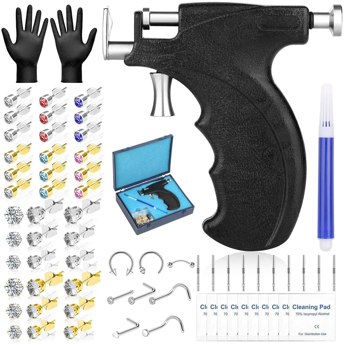 Professional Ear Piercing Gun Kit – Reusable Piercing Tool with Colorful Crystal Earrings for Earlobe, Cartilage, Helix, Tragus – At-Home Salon Piercing Set (Black) Avelisse