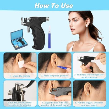 Professional Ear Piercing Gun Kit – Reusable Piercing Tool with Colorful Crystal Earrings for Earlobe, Cartilage, Helix, Tragus – At-Home Salon Piercing Set (Black) Avelisse