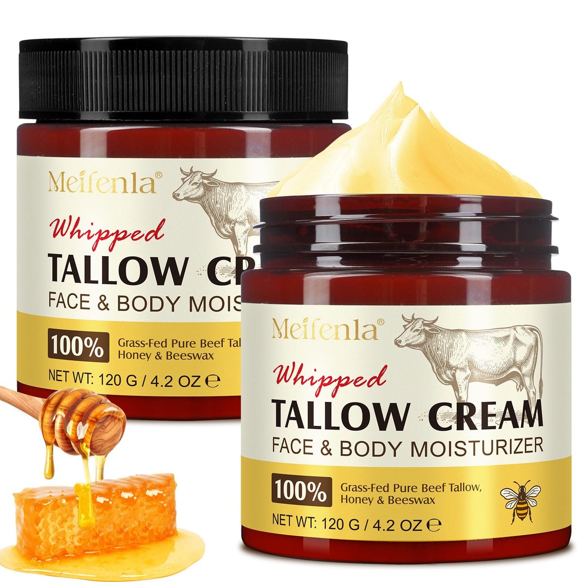 Organic Beef Tallow Face Moisturizer - Grass Fed Tallow and Honey Balm for All Skin Types, 4.2 oz Avelisse