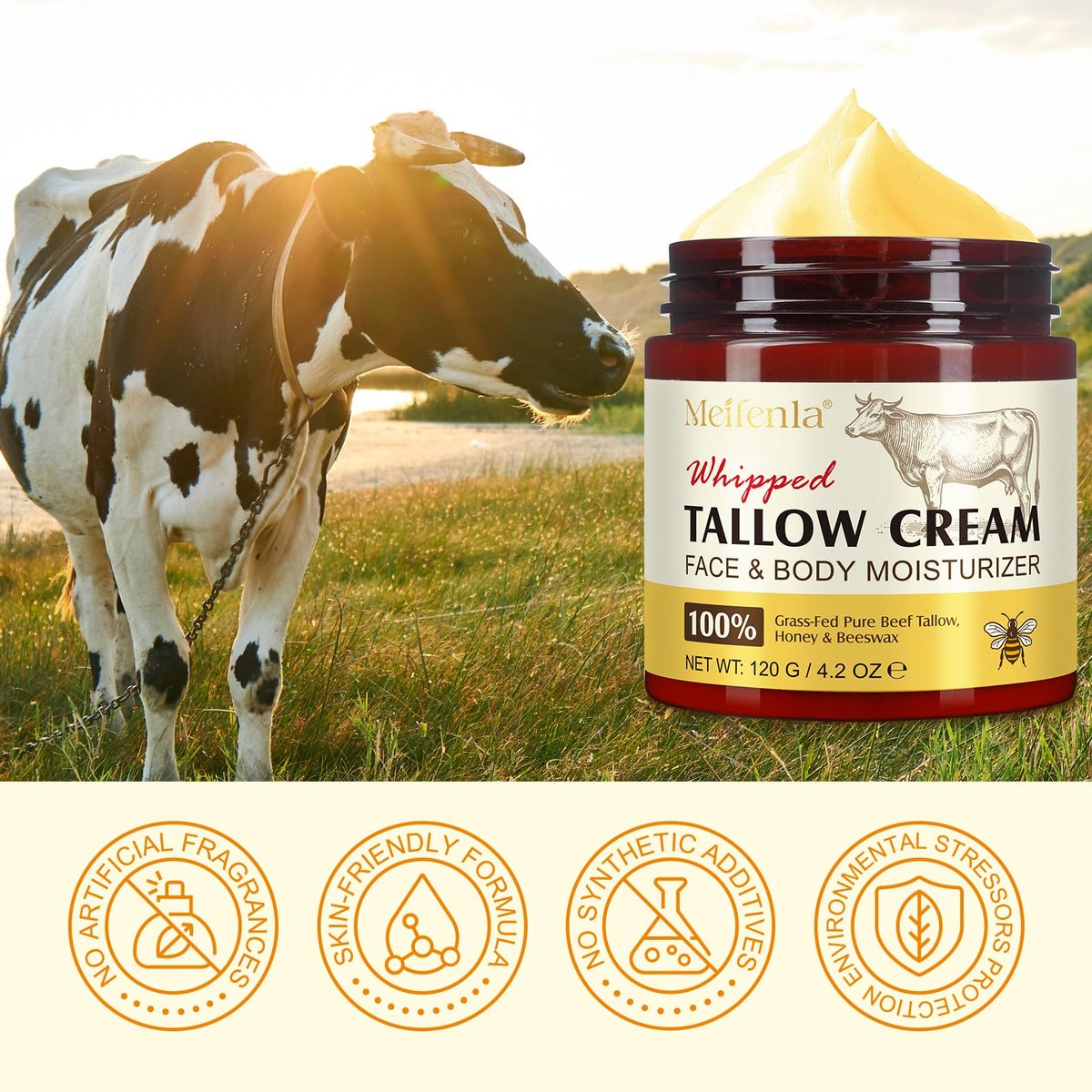 Organic Beef Tallow Face Moisturizer - Grass Fed Tallow and Honey Balm for All Skin Types, 4.2 oz Avelisse