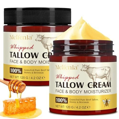 Organic Beef Tallow Face Moisturizer - Grass Fed Tallow and Honey Balm for All Skin Types, 4.2 oz Avelisse