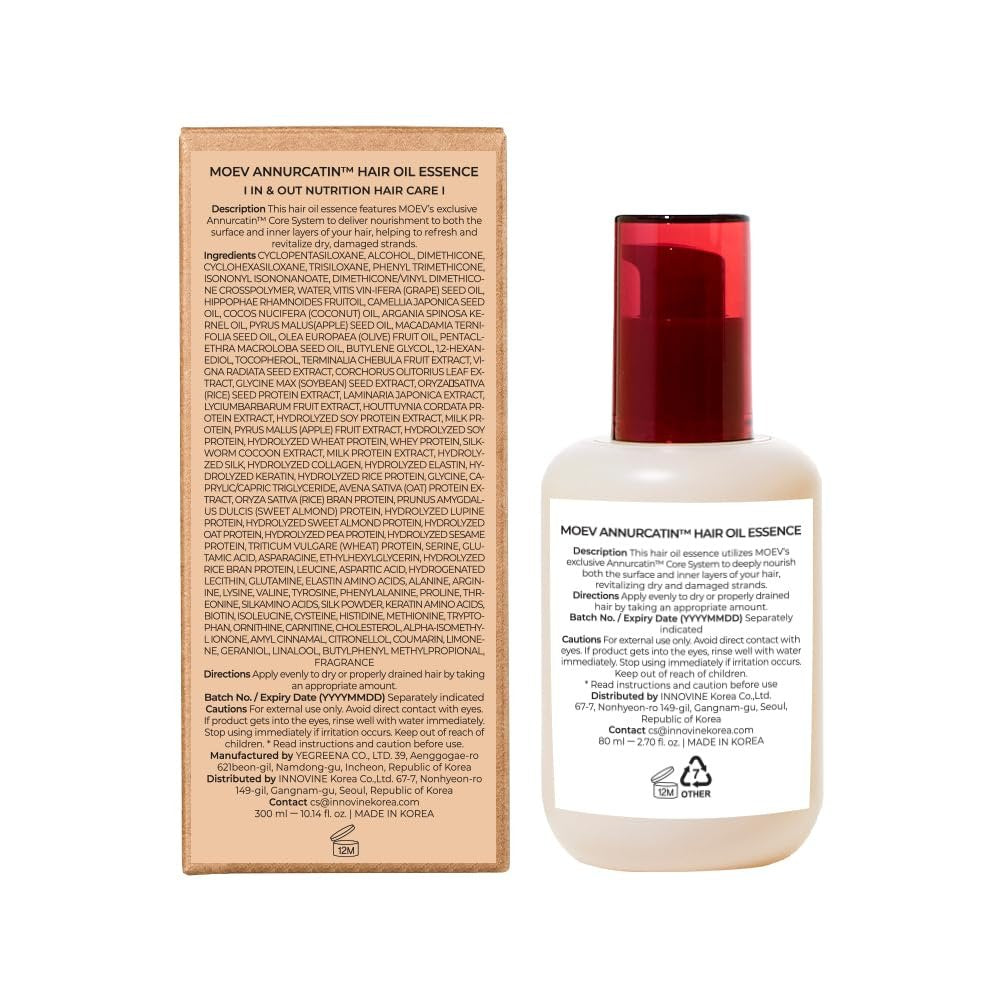 MOEV ANNURCATIN Hair Oil Essence - Korean Apple Hair Care Perfumed Serum, Heat Protect & Anti-Frizz, Nourishing Apple Seed Oil for Dry, Frizzy, Damaged Hair (2.7 fl.oz) Avelisse