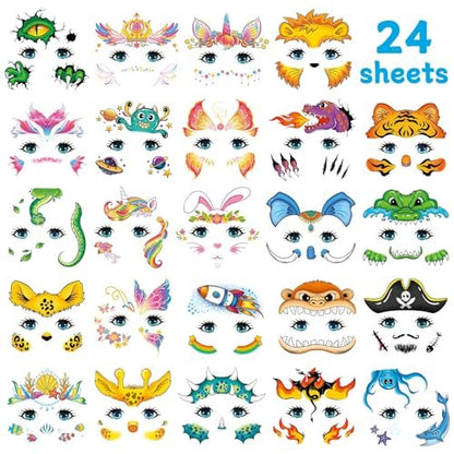 EMOME 24 Sheets Face Tattoos for Kids - Party Pack, Temporary Face Paint Makeup Stickers for Boys and Girls Birthday Party Supplies, Carnival Favors