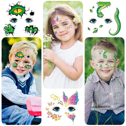 EMOME 24 Sheets Face Tattoos for Kids - Party Pack, Temporary Face Paint Makeup Stickers for Boys and Girls Birthday Party Supplies, Carnival Favors