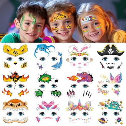 EMOME 24 Sheets Face Tattoos for Kids - Party Pack, Temporary Face Paint Makeup Stickers for Boys and Girls Birthday Party Supplies, Carnival Favors