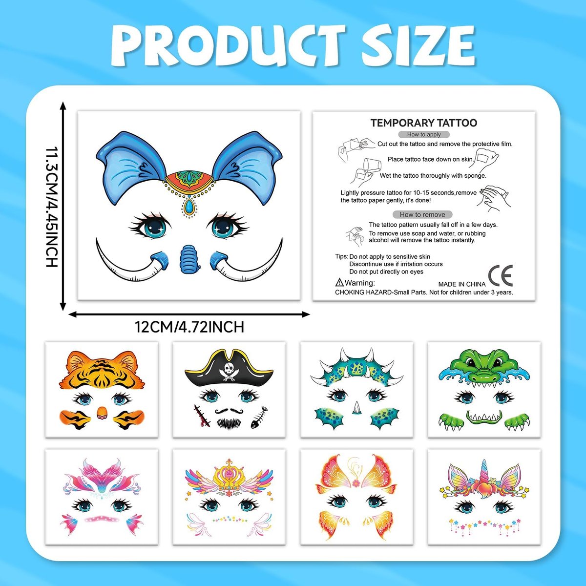 EMOME 24 Sheets Face Tattoos for Kids - Party Pack, Temporary Face Paint Makeup Stickers for Boys and Girls Birthday Party Supplies, Carnival Favors - görsel 11