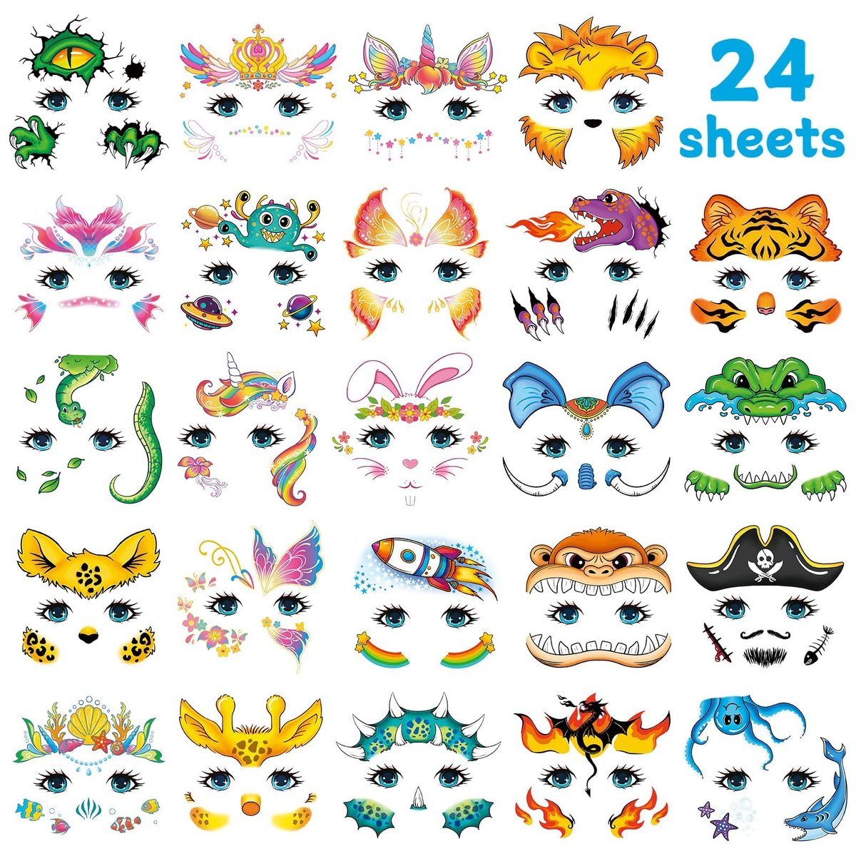 EMOME 24 Sheets Face Tattoos for Kids - Party Pack, Temporary Face Paint Makeup Stickers for Boys and Girls Birthday Party Supplies, Carnival Favors - görsel 5