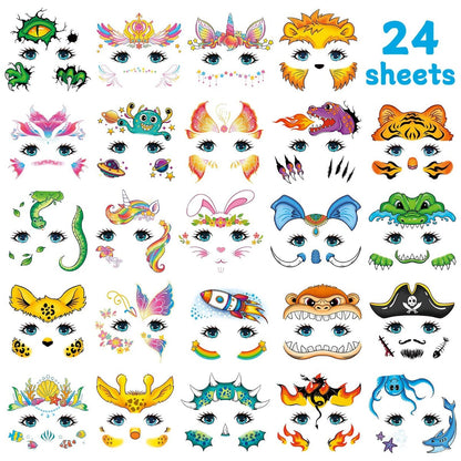 EMOME 24 Sheets Face Tattoos for Kids - Party Pack, Temporary Face Paint Makeup Stickers for Boys and Girls Birthday Party Supplies, Carnival Favors