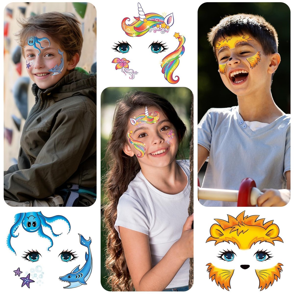 EMOME 24 Sheets Face Tattoos for Kids - Party Pack, Temporary Face Paint Makeup Stickers for Boys and Girls Birthday Party Supplies, Carnival Favors - görsel 9