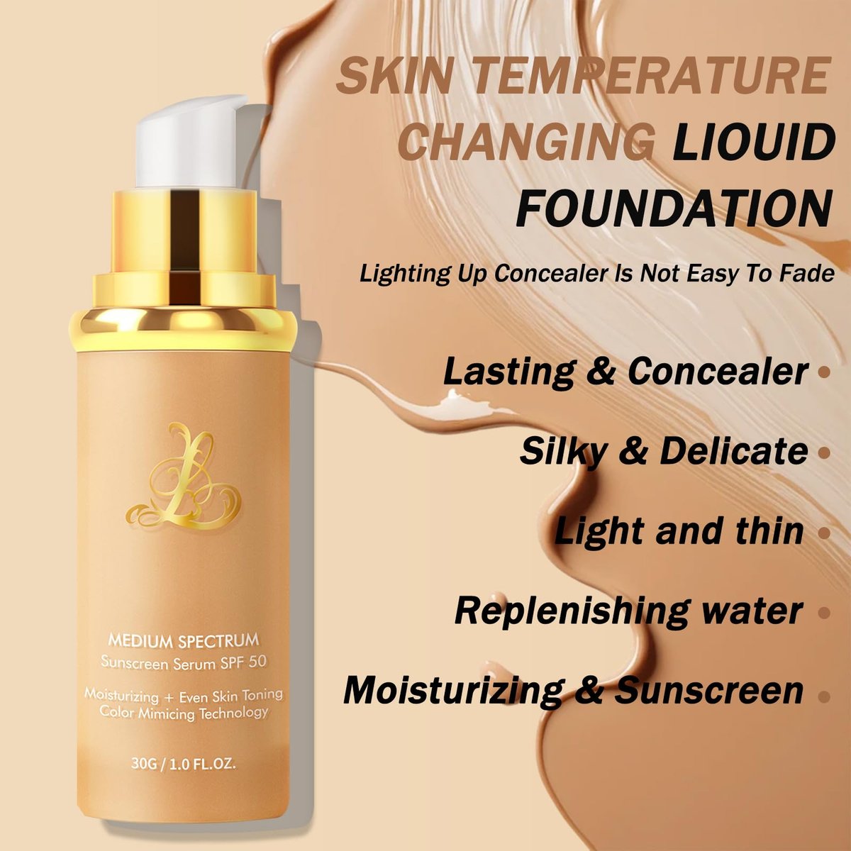 Foundation 4 in 1 - Medium Spectrum with SPF 50+, Color Changing Foundation, Hydrating Color Changing Foundation Makeup, Concealer, Sun Protection, Longwearing & Waterproof for All Skin Types Avelisse