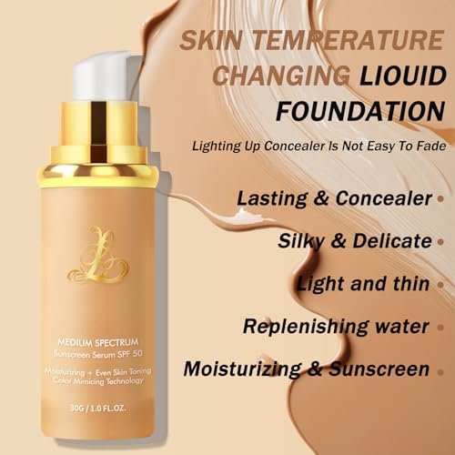 Foundation 4 in 1 - Medium Spectrum with SPF 50+, Color Changing Foundation, Hydrating Color Changing Foundation Makeup, Concealer, Sun Protection, Longwearing & Waterproof for All Skin Types Avelisse