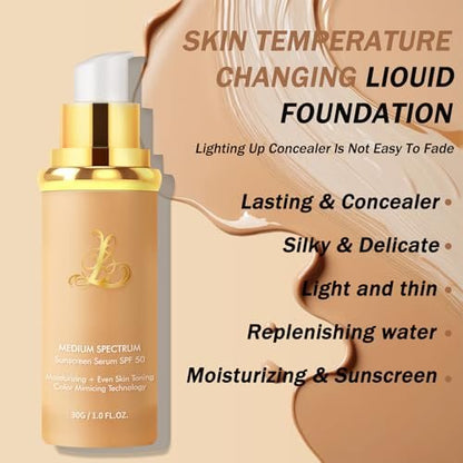 Foundation 4 in 1 - Medium Spectrum with SPF 50+, Color Changing Foundation, Hydrating Color Changing Foundation Makeup, Concealer, Sun Protection, Longwearing & Waterproof for All Skin Types Avelisse