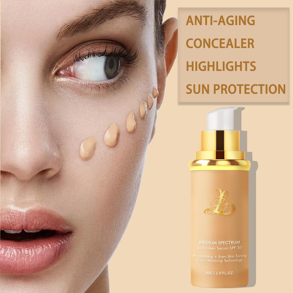 Foundation 4 in 1 - Medium Spectrum with SPF 50+, Color Changing Foundation, Hydrating Color Changing Foundation Makeup, Concealer, Sun Protection, Longwearing & Waterproof for All Skin Types Avelisse