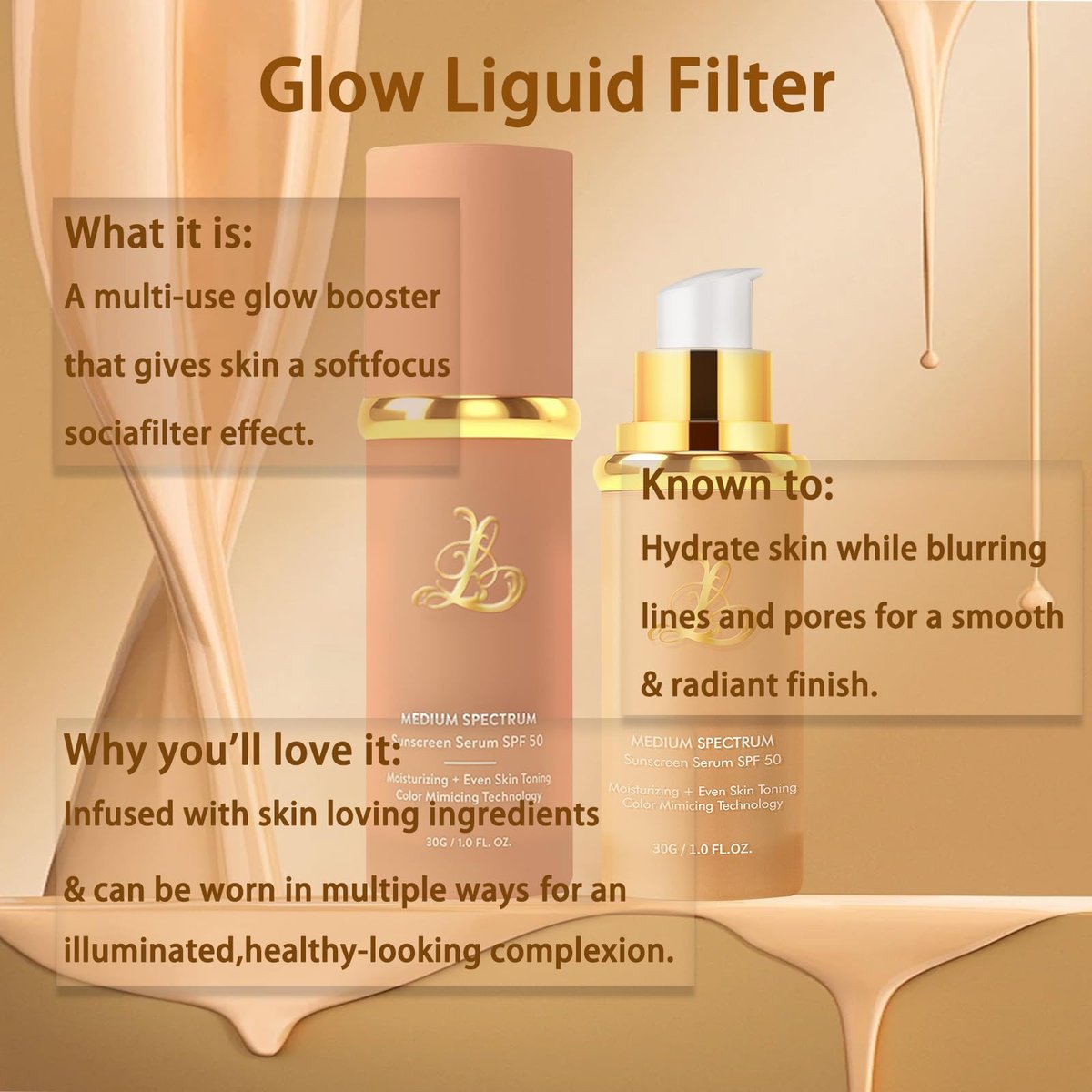 Foundation 4 in 1 - Medium Spectrum with SPF 50+, Color Changing Foundation, Hydrating Color Changing Foundation Makeup, Concealer, Sun Protection, Longwearing & Waterproof for All Skin Types Avelisse