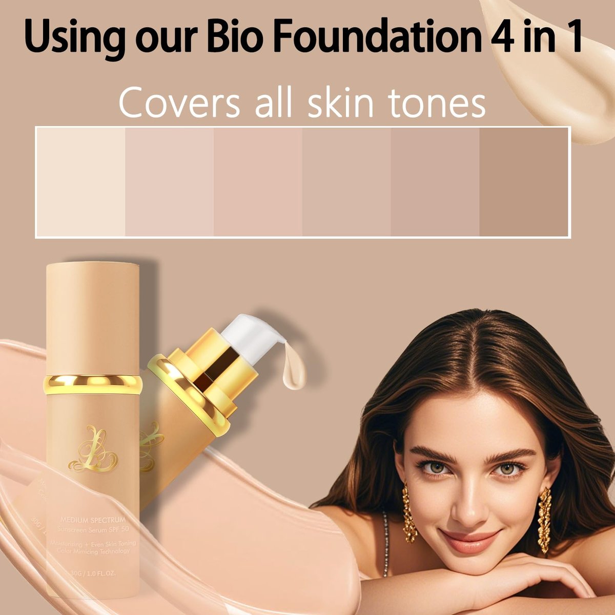 Foundation 4 in 1 - Medium Spectrum with SPF 50+, Color Changing Foundation, Hydrating Color Changing Foundation Makeup, Concealer, Sun Protection, Longwearing & Waterproof for All Skin Types Avelisse