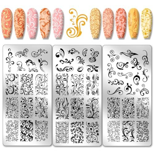 PH PandaHall 3pcs Swirl Pattern Nail Art Templates - French Nail Stamping Plate 52 Designs Plant Floral Nail Art Stencils Stainless Steel for Manicure Salon Spring - görsel 1