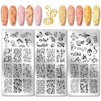 PH PandaHall 3pcs Swirl Pattern Nail Art Templates - French Nail Stamping Plate 52 Designs Plant Floral Nail Art Stencils Stainless Steel for Manicure Salon Spring