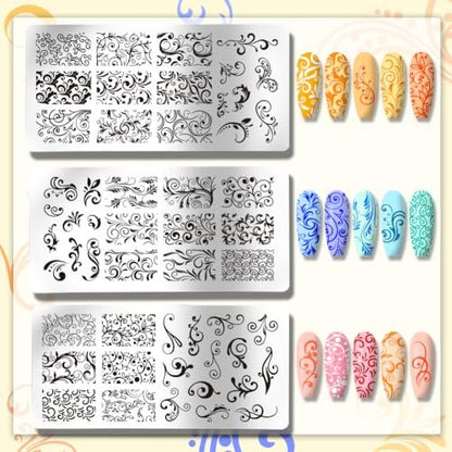 PH PandaHall 3pcs Swirl Pattern Nail Art Templates - French Nail Stamping Plate 52 Designs Plant Floral Nail Art Stencils Stainless Steel for Manicure Salon Spring
