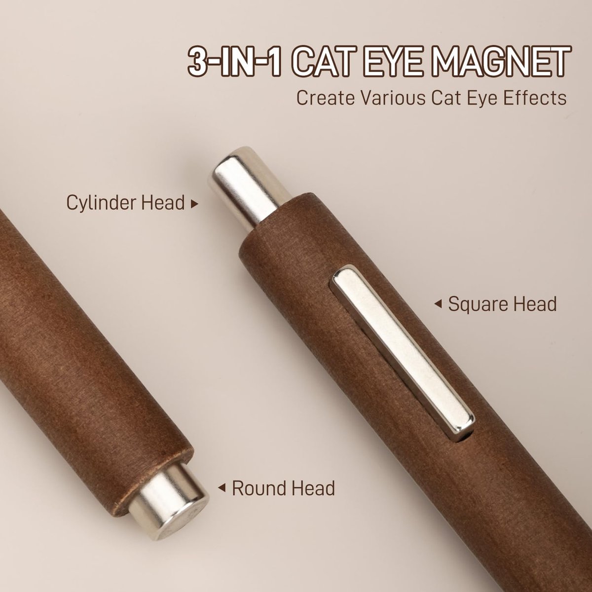 GAOY 3-in-1 Cat Eye Magnet for Nails – Cigar Shape Nail Magnet Tool for DIY Cat Eye Gel Polish, Brown Wood Design - görsel 3