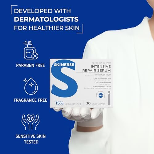 SKINERSE Intensive Repair Serum with 15% Hyaluronic Acid, Ceramides & Centella – 30 Vials Daily Travel Care for Sensitive Skin, Anti-Aging, Calming Barrier Repair & Redness Relief Avelisse