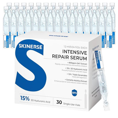 SKINERSE Intensive Repair Serum with 15% Hyaluronic Acid, Ceramides & Centella – 30 Vials Daily Travel Care for Sensitive Skin, Anti-Aging, Calming Barrier Repair & Redness Relief Avelisse