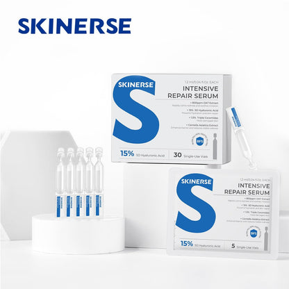 SKINERSE Intensive Repair Serum with 15% Hyaluronic Acid, Ceramides & Centella – 30 Vials Daily Travel Care for Sensitive Skin, Anti-Aging, Calming Barrier Repair & Redness Relief Avelisse