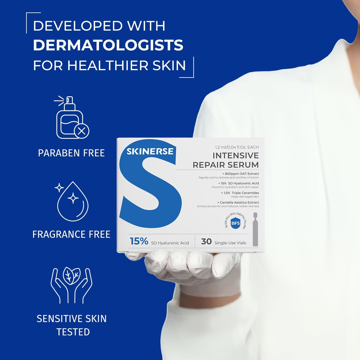 SKINERSE Intensive Repair Serum with 15% Hyaluronic Acid, Ceramides & Centella – 30 Vials Daily Travel Care for Sensitive Skin, Anti-Aging, Calming Barrier Repair & Redness Relief Avelisse