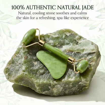 Authentic Jade Roller and Gua Sha Set for Face & Body – 4-Piece Facial Massage Kit for Sculpting, Puffiness Reduction & Lymphatic Drainage