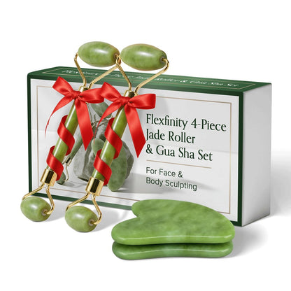 Authentic Jade Roller and Gua Sha Set for Face & Body – 4-Piece Facial Massage Kit for Sculpting, Puffiness Reduction & Lymphatic Drainage