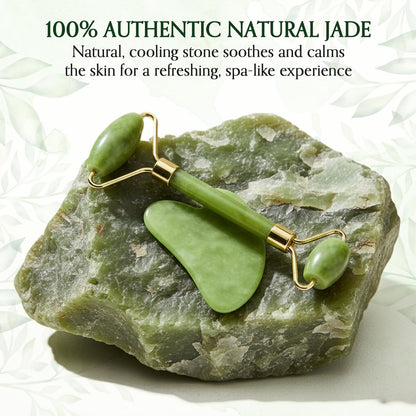 Authentic Jade Roller and Gua Sha Set for Face & Body – 4-Piece Facial Massage Kit for Sculpting, Puffiness Reduction & Lymphatic Drainage