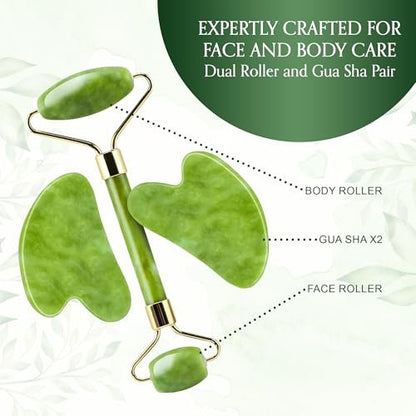 Authentic Jade Roller and Gua Sha Set for Face & Body – 4-Piece Facial Massage Kit for Sculpting, Puffiness Reduction & Lymphatic Drainage