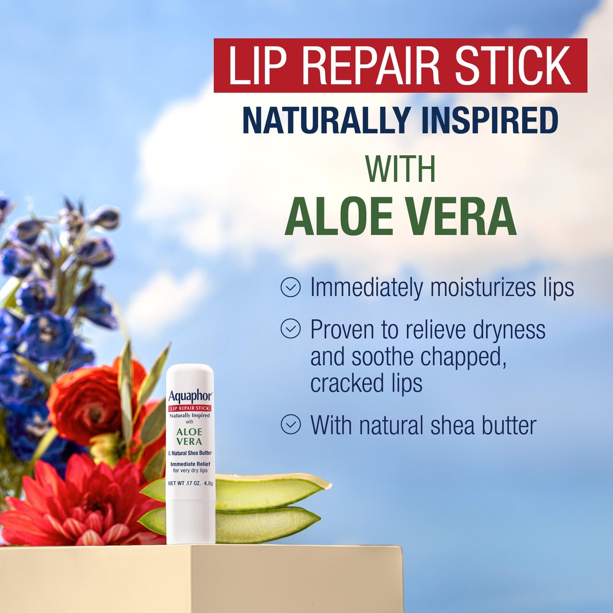 Aquaphor Naturally Inspired Lip Repair Stick with Aloe Vera and Natural Shea Butter, Hydrating Lip Balm, 0.17 oz Stick, Pack of 3 Avelisse