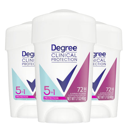 Degree Clinical Protection Antiperspirant Deodorant 5-in-1, Pack of 3, 72-Hour Sweat & Odor Protection, 1.7 oz Each Avelisse